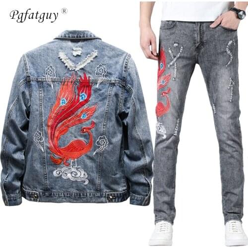 2021 Autumn Winter New Fashion Embroidered Red Phoenix Jeans Sets Mens Slim Denim Jacket + Stretch Jeans Vintage Two Piece Set
