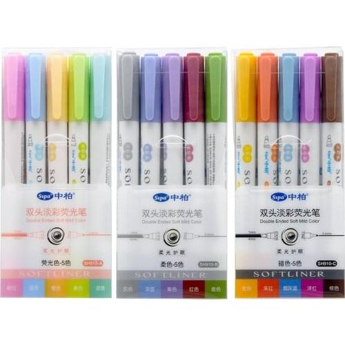 5pcs Double Ended Soft Mild Color Highlighter Pens Set Bold Fine Liner Fluorescent Marker Drawing Paint Softliner School F035