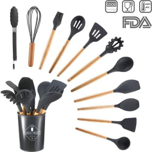 12Pcs Silicone Kitchenware Cooking Utensils Set Non-stick Spatula Set With Wooden Handle Kitchen Baking Tools Accessories