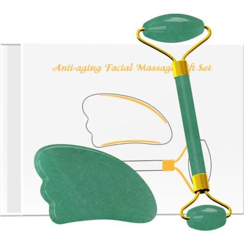 Natural Aventurine Jade Roller Double Head Jade Massage Roller Real Green Stone Facial Massager Guasha Set Skin Care with Box