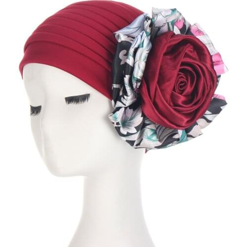 2021 New Multi-color Indian Hat Print Two-color Rose Side Large Flower Turban Fashion Headscarf Elegant Party Hair Accessories