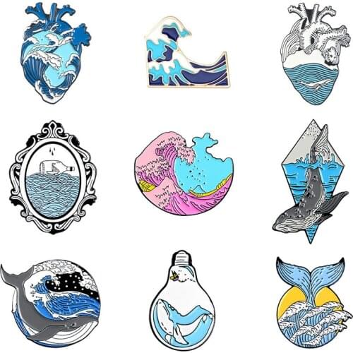 Novelty Wave Pins Ocean Sea Wave Brooches Organ Heart Light Bulb Whale Sun Badges Blue Wave Enamel Pin Lapel Pins Collection