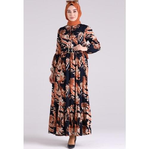 Minahill Viscose Patterned Belt Dress 4550-02 Navy Blue 4550-02