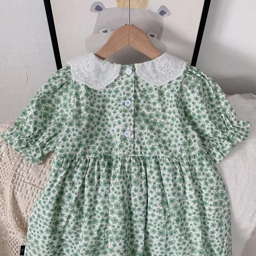 Hollead Green Cute Printed Dresses 1-7 Years Baby Girls Summer Cotton Mini Dresses Embroidered Doll Collar Girls Casual Clothes