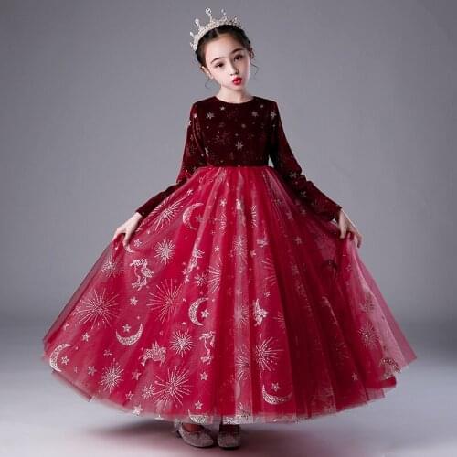 Luxury Red Flower Girl Dresses Illusion Full O-Neck Princess Lace Sequined Ball Gown Floor-Length Tulle Kids Party Dress H006