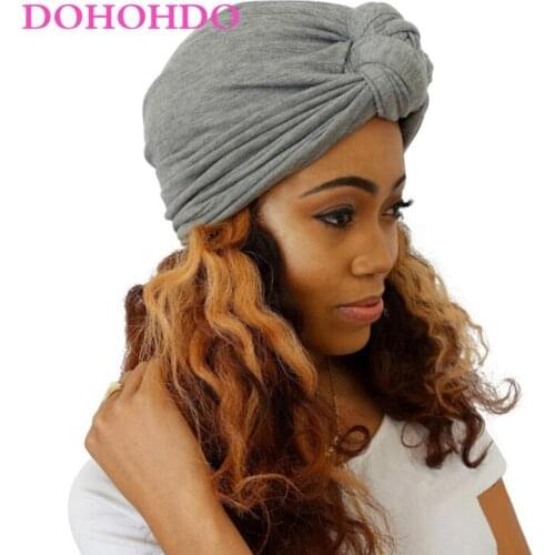 DOHOHDO 2021 New Cotton Turban Hat Solid Color Women African Twist Headwrap Ladies Head Wraps Arab India Bonnet Hat Hijabs Cap