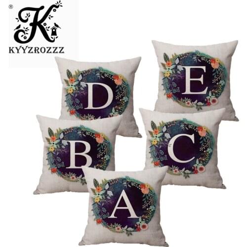 Nordic Flower Anadem Letters of Alphabet Sofa Bench Decorative Throw Pillow Case Cotton Dark Blue Floral Garland Cushion Cover