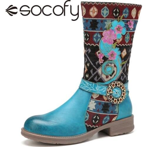 SOCOFY Women Boots Cowhide Leather Winter Warm Lined Mid-calf Boots Floral Buckle Decor Casual Outdoor Shoes botas de mujer