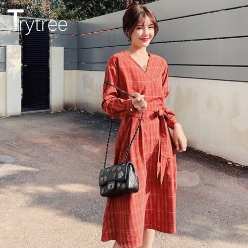 Trytree 2020 Spring Women Dress Casual V-neck Plaid 2 Color A-line Belt Fashion Loose Knee-Length Office Lady Elegant Dress