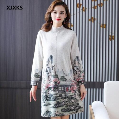 XJXKS High-end 100% wool knitted long sweater women pullover 2021 autumn winter new women printed dress