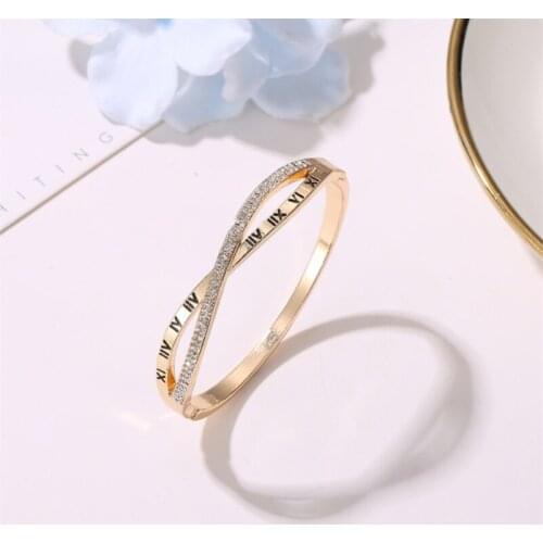 Cross Bling Clear Crystal Golden White Rose Gold Printed Roman Numerals Dangle Heart Shape Fashion Alloy Bangles For Women