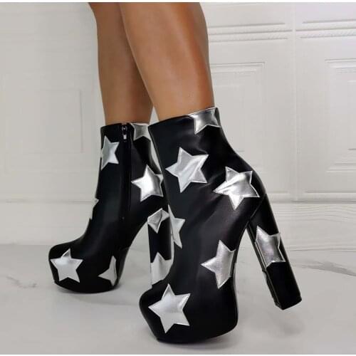 Ladied Platform Chunky Super High Heels Ankle Short Boots Women 2021 New Arrivals Fashion Ins Popular Silver Star Bling Shoes