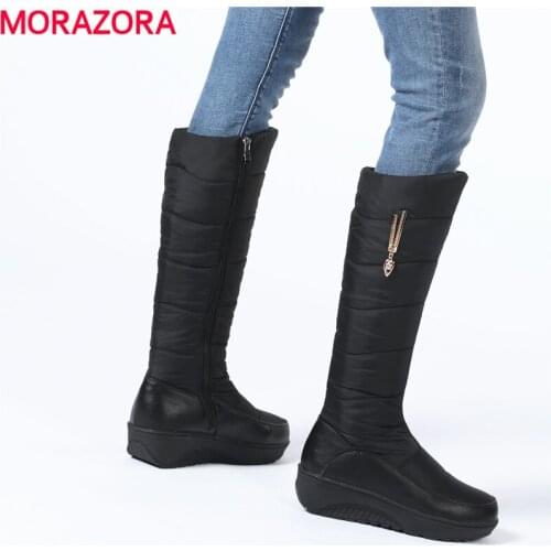 MORAZORA 2021 New Arrival Snow Boots Women Shoes Zip Wedges Platform Mid Calf Winter Boots Waterproof Thick Fur Warm Boots Lady