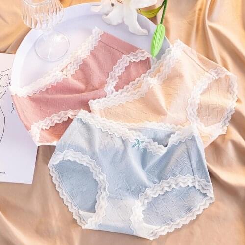 Pure Cotton Underwear Women Students Large Size Japanese Lace Girls Briefs Mid Waist Cotton Antibacterial Crotch Cotton Panties