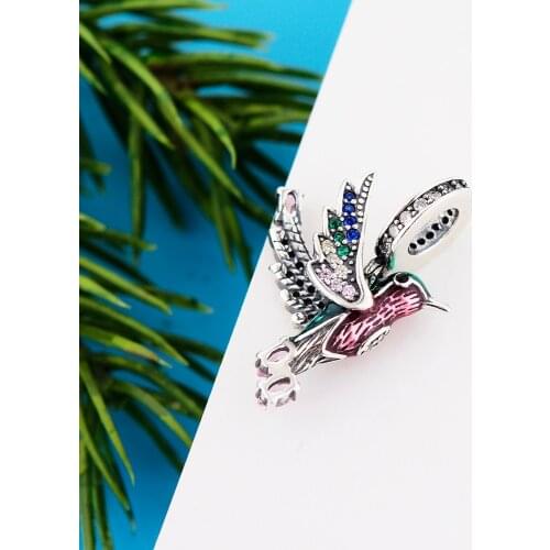Fit Original Pandora Charm Bracelet 925 Sterling Silver 3D Animal Color Feather Hummingbird Bead For Making Women Berloque 2021