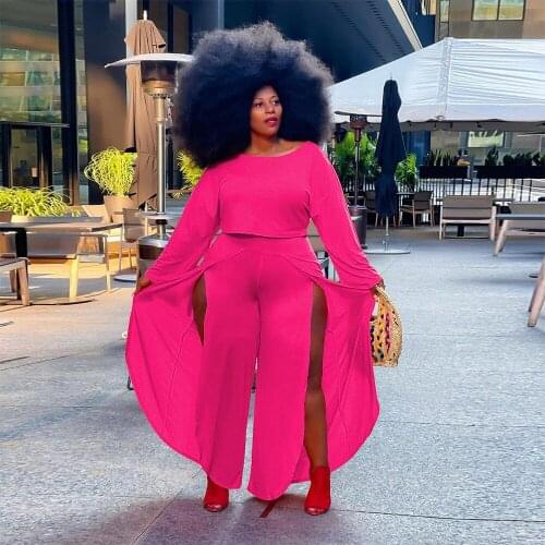 XL-4XL Womens Plus Size Two Piece Pant Suit One Shoulder Long Sleeve Crop Top and Side Split Wide Leg Pant Female Tracksuits