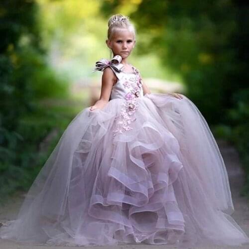 2020 3D Floral Appliques Flower Girl Dresses For Wedding Bow Gilrs Pageant Dress Fluffy Tulle Long Birthday Dress Toddler Gradua