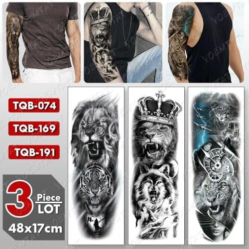 3 pcs/lot Large Arm Sleeve Tattoo Lion Tiger Waterproof Temporary Tatto Sticker Wolf King Body Art Full Fake Tatoo Women Men