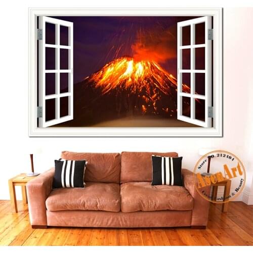 3D Window view wall Sticker Volcano Eruption Decals PVC Wall poster Removable Window View Wallpaper Living Room Home Decor