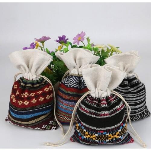 5Pcs 11x16cm Ethnic Style Gift Bags Cotton Cloth Bundle Pouches Black White Orange Grid Stripe Bag Holiday Wishes Small Gift Bag
