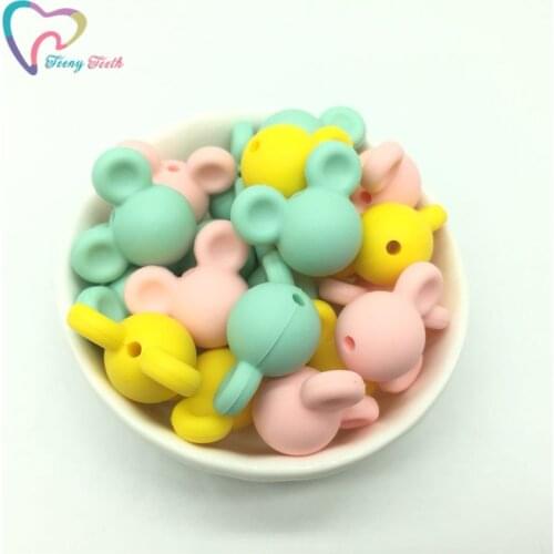 Teeny Teeth 9 PCS Carton Animal Shape Mouse Silicone Teething Beads, Pink Mint Yellow Mixed Silicone Mickey Head DIY Loose Beads
