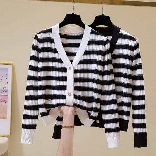 AOSSVIAO Long Sleeve Buttons Womens Sweater Patchwork 2021 Stripe Fashion Ribbed Slim Sweaters Ladies Knitted Cardigan