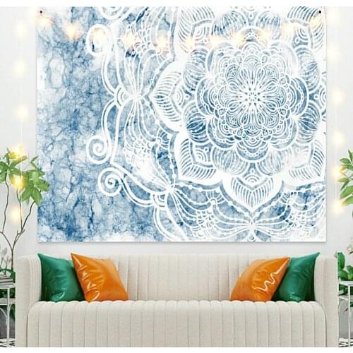 Baby Blue Mandala Flower Printing Tapestry Vintage Exotic Summer Plant Nature Frame for Bedroom Photography Wall Decor