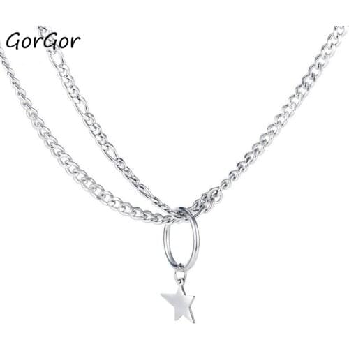 GorGor Necklace Women Stainless Steel Pattern Ring Five-pointed Star Pendant Double Chain Individuality Accessories TX-1794