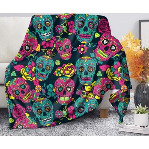 HUGSIDEA Fleece Blanket Ehthnic Sugar Skull Thin Quilt Warm Comfortable Knee Fleece Blanket Fall Single Sofa Throw Blanket