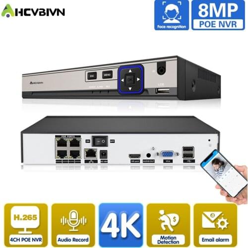 Security Surveillance H.265 4CH 8CH 4K POE NVR For HD 1080P 4MP 5MP 8MP POE IP Camera NVR AI Face Detect Network Video Recorder