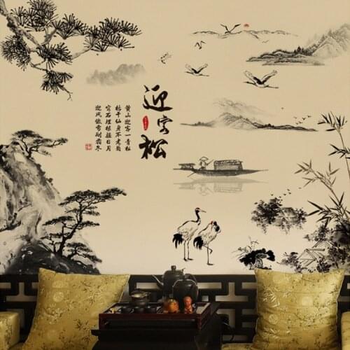 Chinese style ink painting landscape wall decals pine boat home decor, PVC vinyl wallpaper, Bamboo mountain wall decals