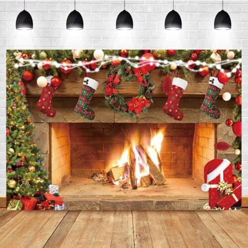 Laeacco Warm Christmas Photo Background Fireplace Fire Socks Gift Decor Birthday Photographic Photo Backdrop For Photo Studio