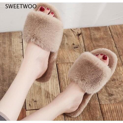 Furry Slippers Women Faux Fur Flip Flops Indoor Shoes With Strap Home Casual Flat Footwear Winter