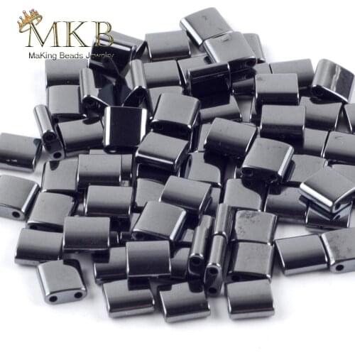Natural Stone Double Hole Black Hematite Square Beads Spacer Loose Beads For Jewelry Making Beads DIY Bracelets Necklace 15"