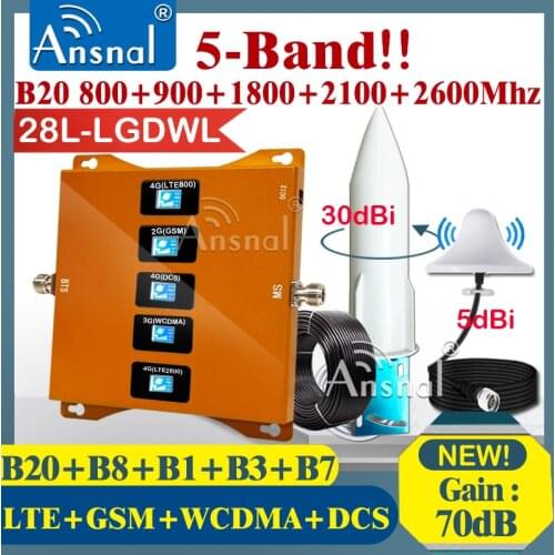 New!! Five-Band CellPhone 4G Cellular Amplifier B20 800 900 1800 2100 2600Mhz GSM Repeater 2g3g4g Mobile Signal Booster Repeater