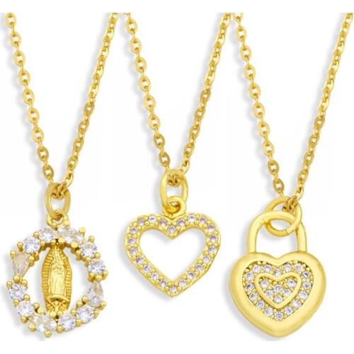 FLOLA Heart Virgin Mary Necklace Copper CZ White Stone Crystal Short Gold Chain Pendent Necklace Girls Jewelry nkey01
