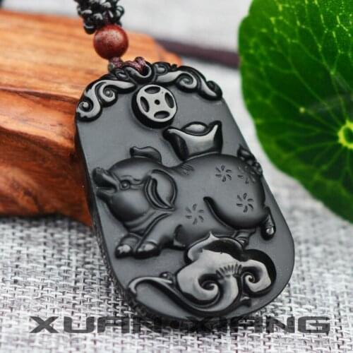 2018 Zodiac Pendant Necklace Natural Obsidian Carved Zodiac Pig Lucky Coin Pig Amulet Gift for Mens Women Fashion Jewelry