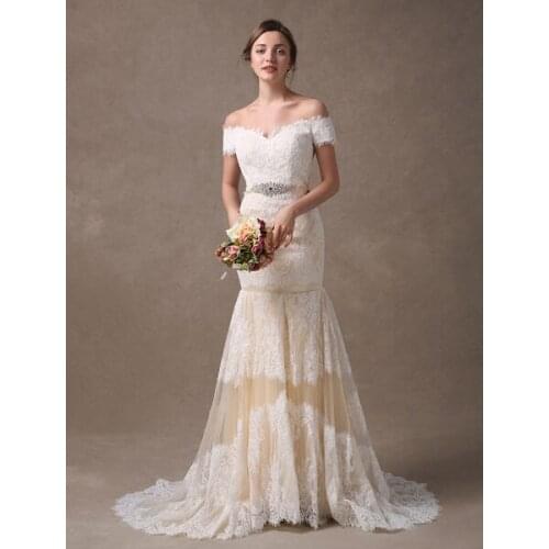 Mermaid Wedding Dresses Lace Off The Shoulder Rhinestones Beaded Colored Bridal Dress With Train