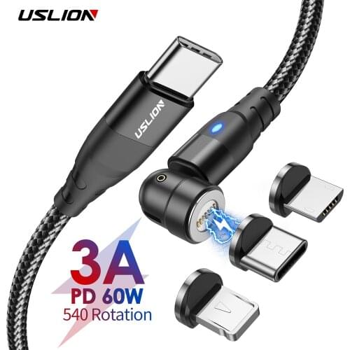 USLION 3 in 1 60W PD Fast Phone Charger Cable USB C To Type C Micro Magnetic Cable for iPhone 12 Pro Max iPhone11 Xiaomi Samsung