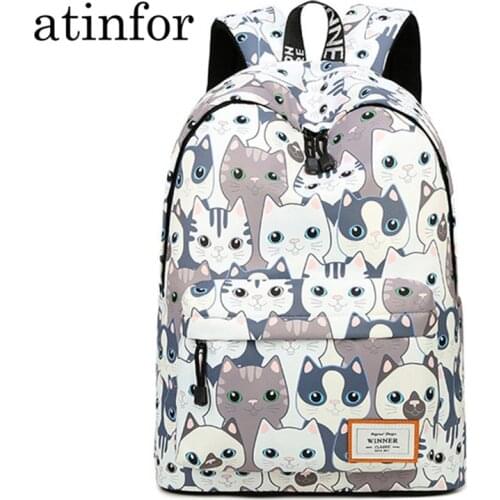 Waterproof Cat Printing Backpack Women School Students Back Pack Female 14-15.6 Inch Laptop Cute Book Bag for Girls