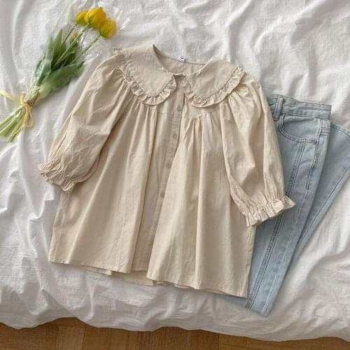 Solid Ruffles Women Shirts Summer New 2021 Turn-Down Collar Short-Sleeved Loose Elegant Female Clothing Top Quality