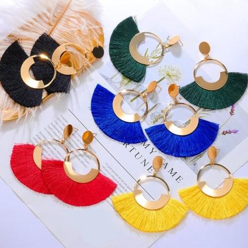 BICUX New Statement Bohemian Tassel Big Drop Earrings For Women Cotton Fabric Fringe Round Dangle Earrings 2020 Vintage Jewelry