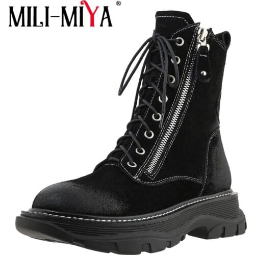 MILI-MIYA Hot Sale Chunky Heel Platform Women Ankle Boots Round Toe Zip Lace Up Autumn Winter Casual Street Style Shoes Ladies