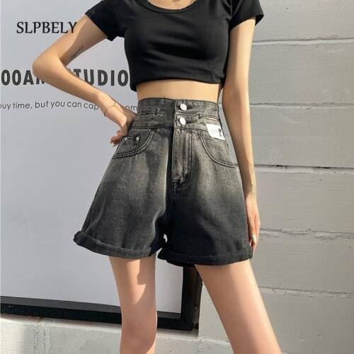 SLPBELY High Waist Gradient Women Wigh Leg Jeans Shorts Summer Casual Vintage Button Female Loose Blue Black Denim Shorts Jeans