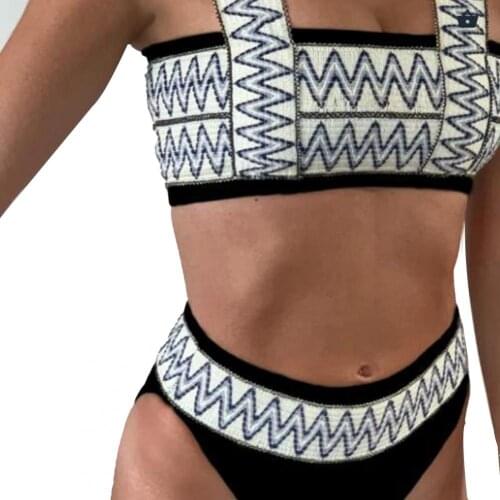 Womens Bikini Set Sexy Wavy Ripple Push Up Bandeau Summer Bra Mid Rise Briefs Striped Swimsuit for Beach Female Swimming Bikini