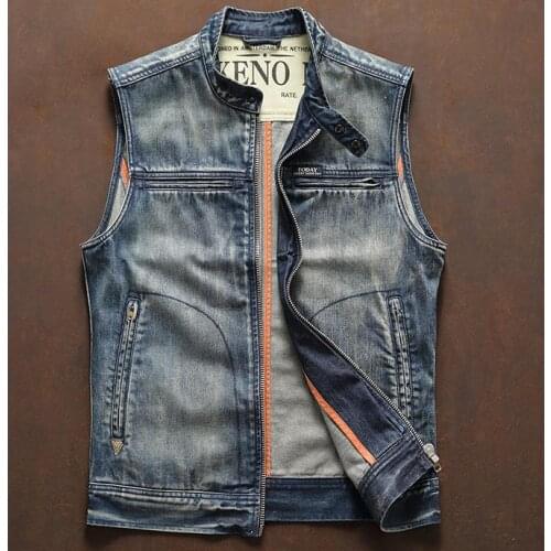 Waistcoat Autumn cowboy Mens Denim Biker Fashion Blue Slim Vintage Sleeveless Jackets Stand Collar Zipper Vest Tank Top