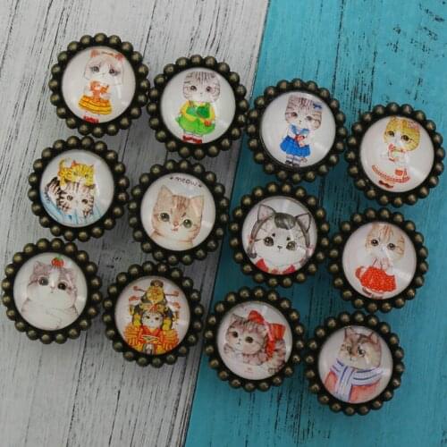1x Retro handles for furnitur antique glass cupboard knobs Furniture delicate handles Cat pattern