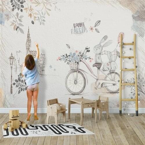 Custom 3D Cartoon Rabbit Mural Wallpaper For Kids Room Hand Painted Animal Bunny Bicycle Girls Room Bedroom Photo Wall Paper 3D