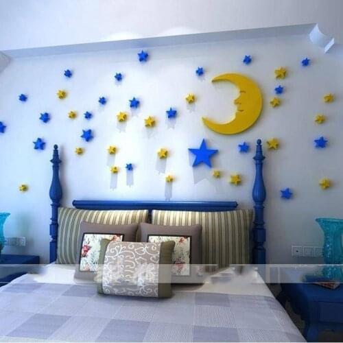 3D Stars Moon Wall Stickers Living Room Wall Decal DIY Blue Yellow Ceiling Wall Sticker Decorative Sticker Fot Party Home Decor