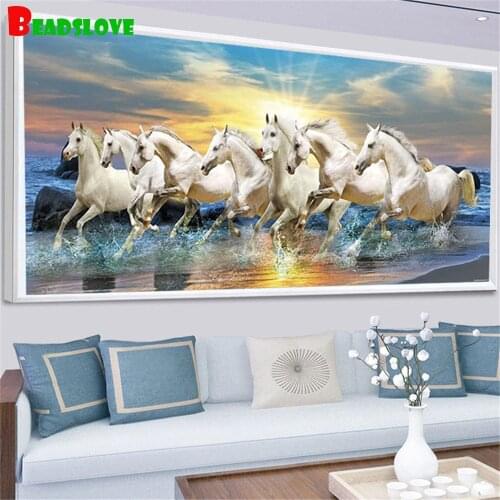 Large size full square round drill diy diamond painting Sunrise running horses 5d diamond mazayka embroidery home decor